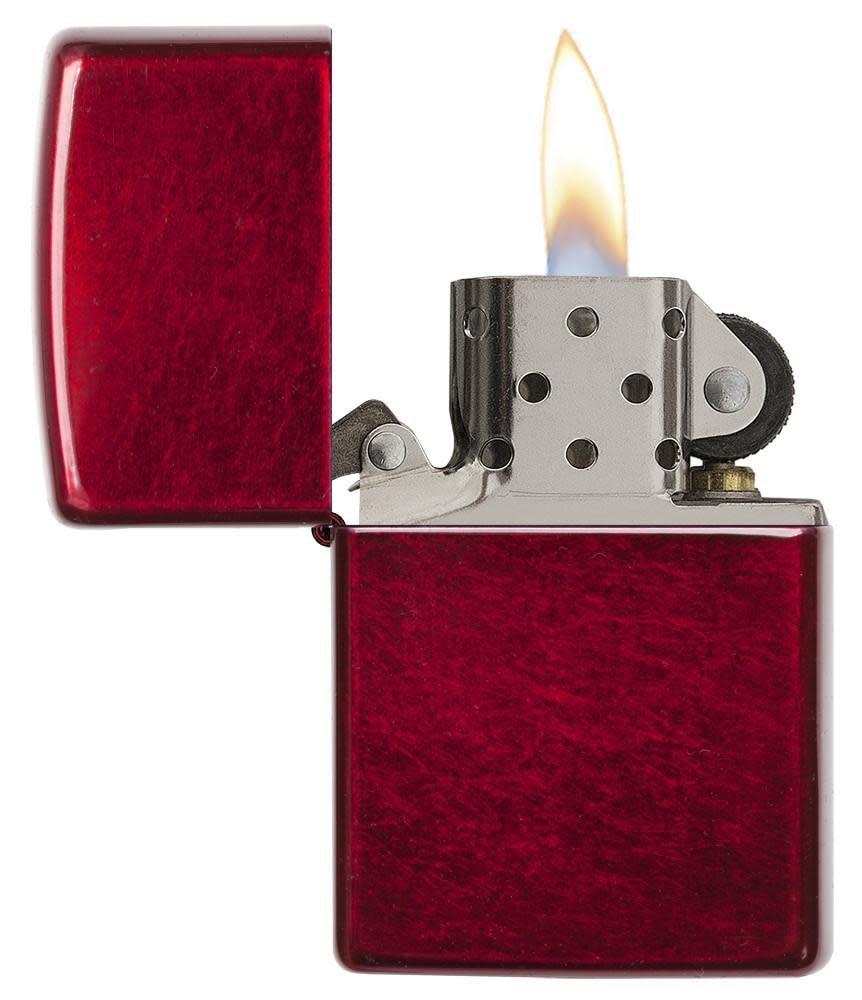 Classic Candy Apple Red?äó Windproof Lighter with its lid open and lit